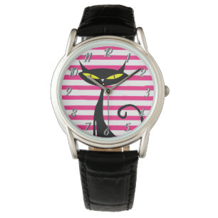Montre Rétro Mid-Century Moderne MCM Chat Noir Bande Rose