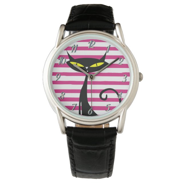 Montre Rétro Mid-Century Moderne MCM Chat Noir Bande Rose (devant)