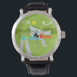 Montre Retro Palm Springs House Black Leather Watch<br><div class="desc">Cette maison rétro Palm Springs avec voiture Black Leather Watch est un rêve d'amoureux moderne du milieu du siècle. Le design minimaliste de l'art est doté d'une élégante maison en orange et en verre avec un toit en forme de coche en pente spectaculaire. La porte rouge compense la planteur de...</div>