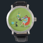 Montre Retro Reading Woman Watch<br><div class="desc">Cette Retro Reading Woman Watch présente un style années 60, art minimaliste, dessin animé d'une femme qui a ses priorités dans l'ordre. Ce délicieux ver de livres est entrainé dans un vrai tourneur de page. La brunette, toute en forme, porte une robe d'aqua et des lunettes rouges, tout en tenant...</div>