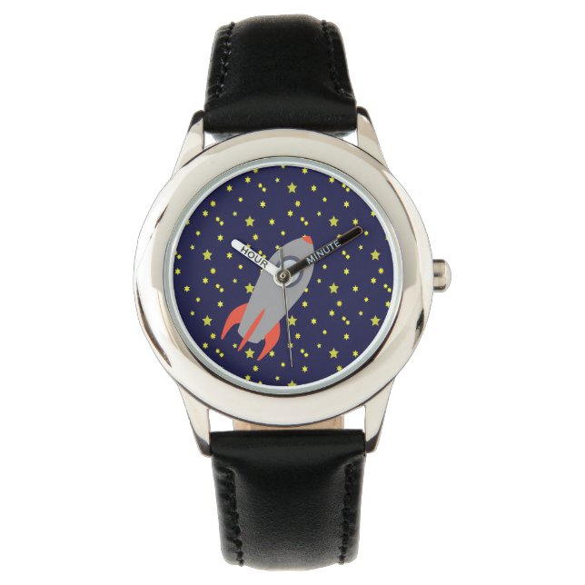 Montre Retro Rocket Ship avec Arrière - plan Motif étoile (devant)