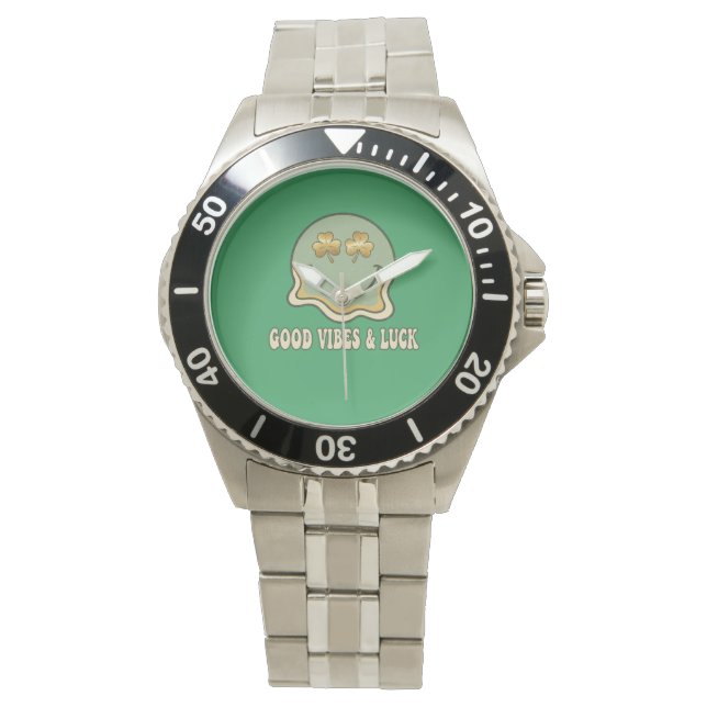 Montre Retro St. Patrick's Day Good Vibes & Luck Smiley  (devant)