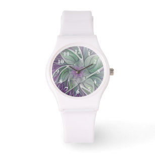 Montre Rêve de fleurs, Abstrait violet vert Fractal Art