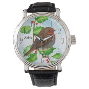 Montre Robin Bird sur la peinture à l'aquarelle Holly