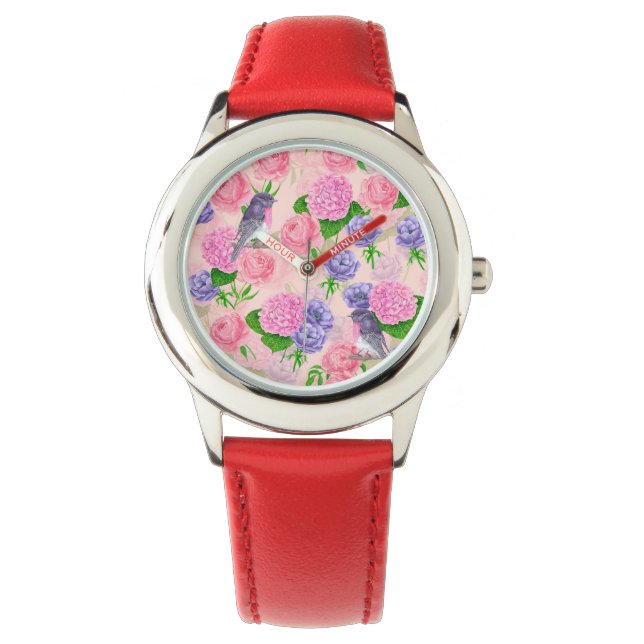 Montre Robin et fleurs, motif aquarelle (devant)