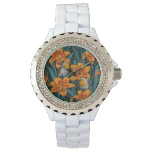 Montre Robins et fleurs de lys, orange et bleu
