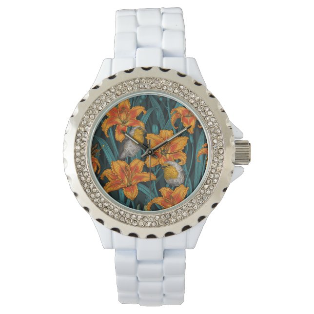 Montre Robins et fleurs de lys, orange et bleu (devant)