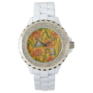 Montre Robins et fleurs de lys, orange et vert