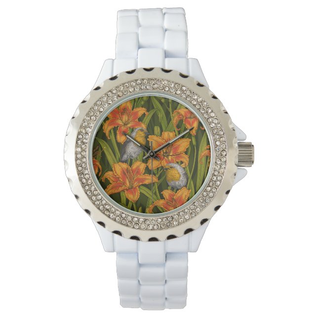 Montre Robins et fleurs de lys, orange et vert foncé (devant)