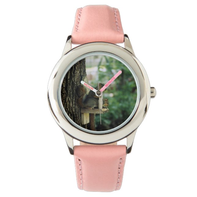 Montre rose écureuil en acier inoxydable (devant)
