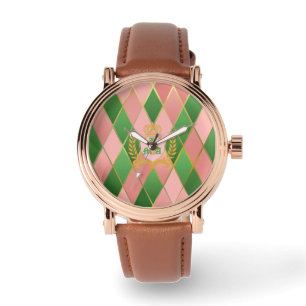 Montre Rose Élégant Vert Argyle Monogrammé