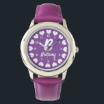 Montre rose enfant avec le nom de la fille et le c<br><div class="desc">Super mignonne montre enfant avec le nom de la fille et petit coeur d'amour. Montres poignées personnalisées pour petits enfants. Elégante idée cadeau de vacances ou d'anniversaire pour fille adorable, petite-fille, belle-fille, filleul, nièce, ami, soeur, petit-enfant, cousin, classe maternelle, etc. Joli design d'icône d'amour rouge et blanc avec une lettre...</div>