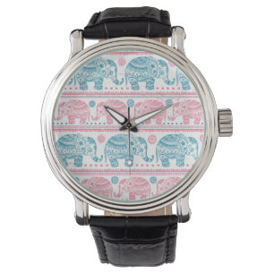 Montre Rose et motif ethnique turquoise d'éléphant