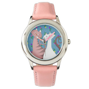 Montre Rose Fille avec Chats Mignons Fond Floral