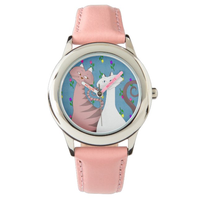 Montre Rose Fille avec Chats Mignons Fond Floral (devant)
