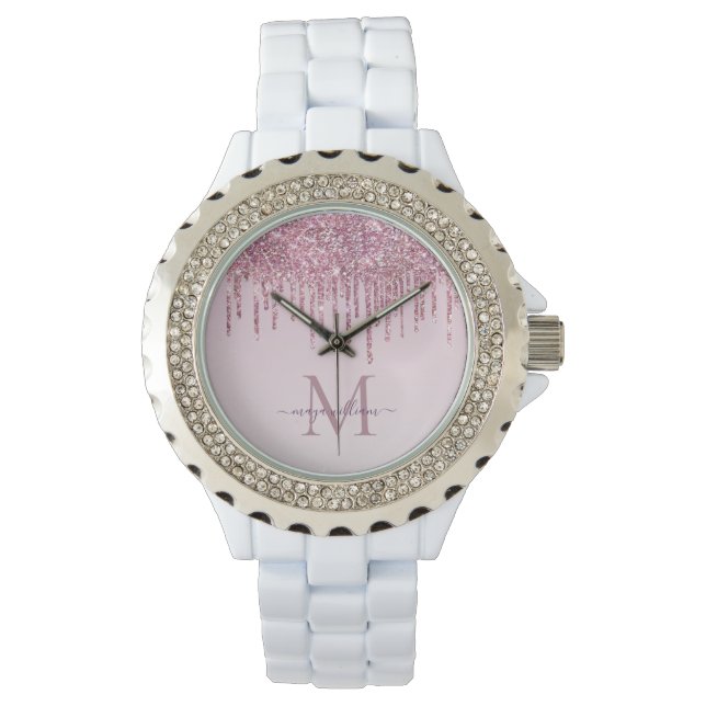 Montre Rose Glitter Drips Monogramme et Nom Personnalisés (devant)