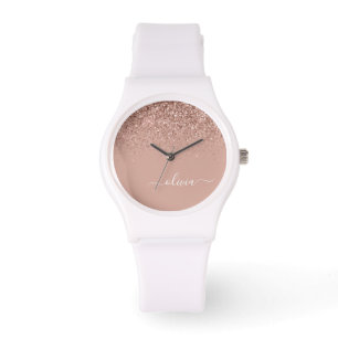 Montre Rose Gold Blush Pink Parties scintillant Script Mo