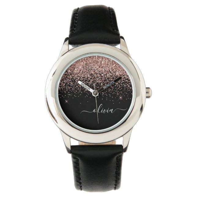 Montre Rose Gold Blush Pink Parties scintillant Script Mo (devant)
