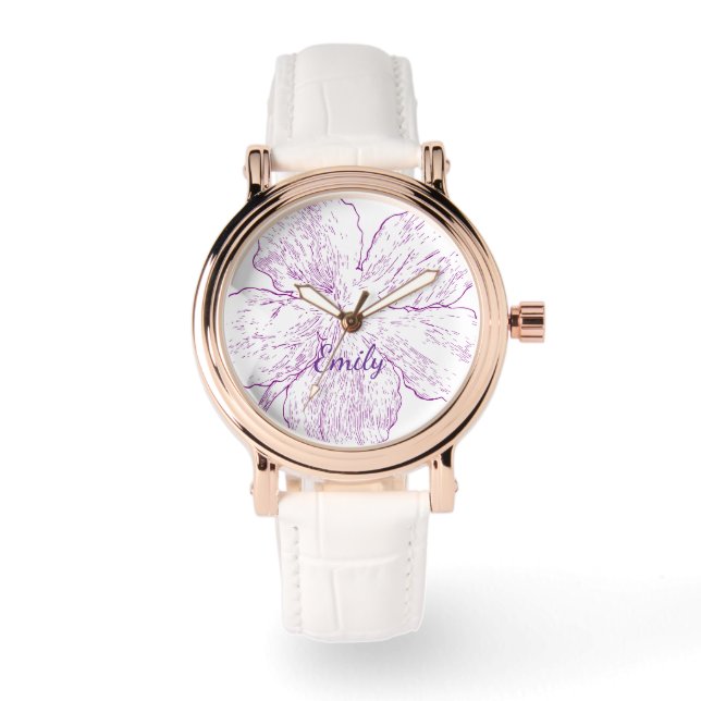 Montre Rose Gold Élégant & Cuir Blanc Fleur Pourpre (Recto)