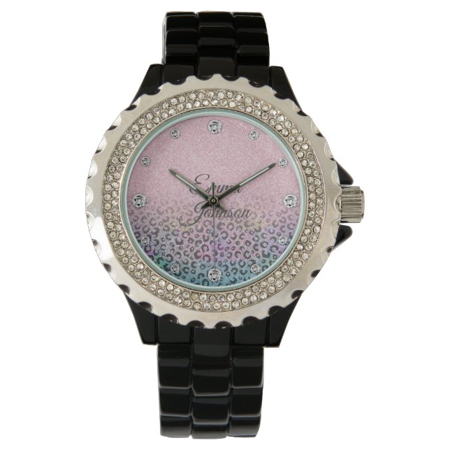 Montre Rose Gold Iridescent Glitter Imprimé Léopard Éléga (devant)