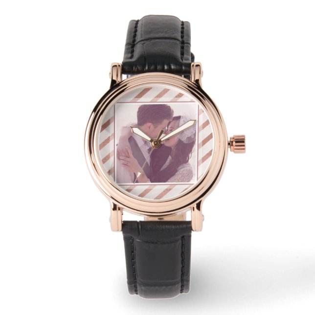Montre Rose Gold Striped Elegant Photo personnalisée (Recto)
