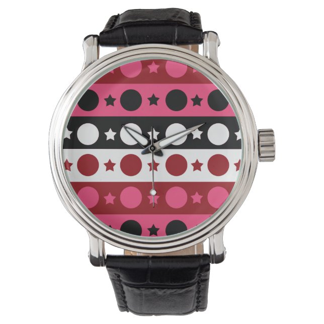 Montre Rose noir blanc Cercle Étoiles rayures Design (devant)