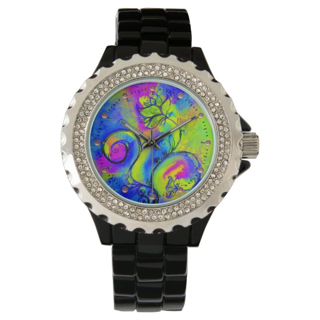 MONTRE ROSE PURPLE JAUNE VERT VERT WHIMSICAL FLEURS (devant)