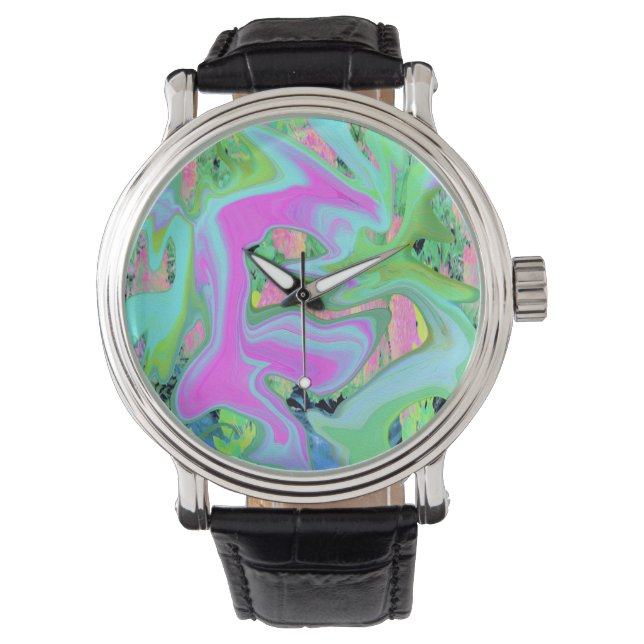 Montre Rose Rétro et Liquide Art Bleu Clair sur Hydrangea (devant)