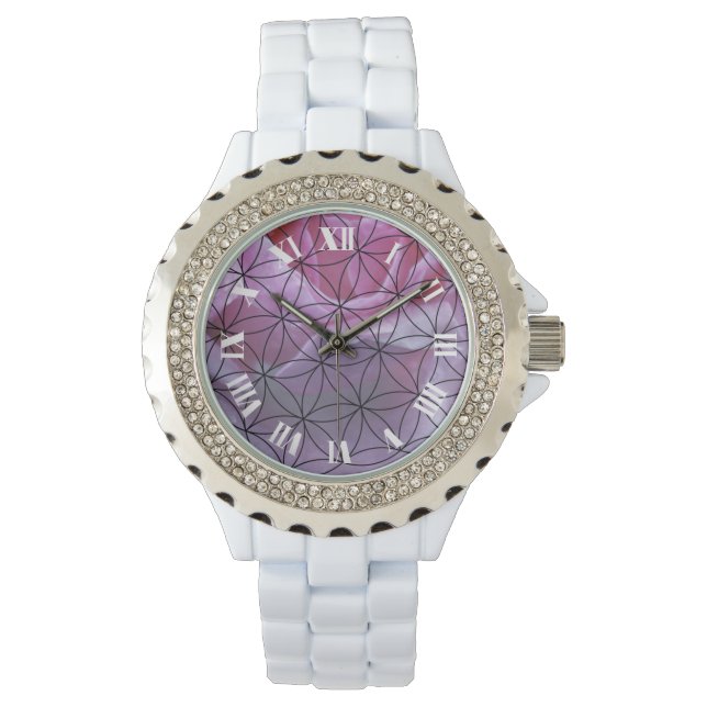 Montre Rose rose et la fleur de vie motif (devant)