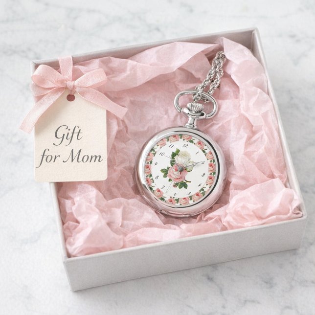 Montre Rose rose Roses Vintage Botanique eWatch (Silver floral locket watch in pink tissue gift box with tag, elegant birthday or Mother's Day gift.)