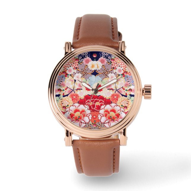 Montre ROSE ROUGE BLANC FLEURS pivoines, Floral japonais  (Recto)