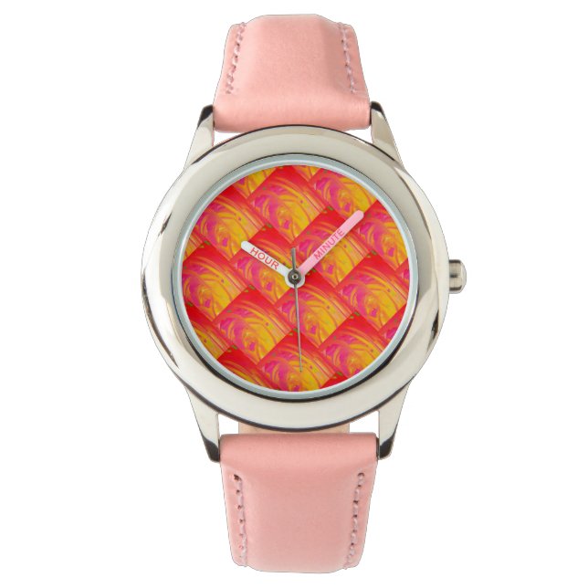 Montre rose saumon avec soleil orange design (devant)