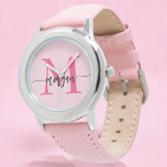 Montre Rose vif moderne monogramme de fille avec prénom e<br><div class="desc">Accessoirisez avec élégance avec notre montre pour filles à monogramme à écriture moderne rose chaud ! Cette montre élégante présente un cadran rose chaud vibrant, personnalisé avec votre nom dans une écriture moderne chic pour un look unique et personnalisé. Parfaite pour ajouter une touche de couleur à n'importe quelle tenue,...</div>