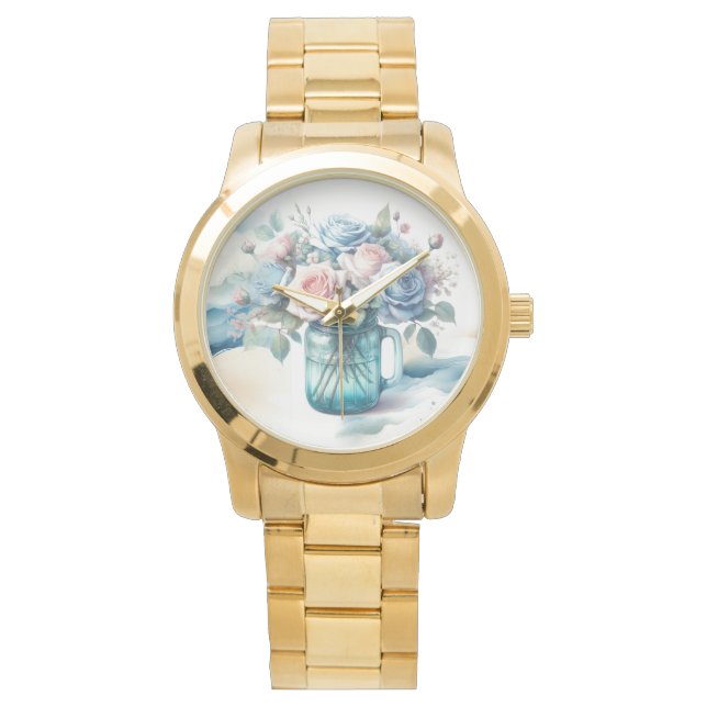 Montre Roses dans un pot Mason de style vintage (devant)