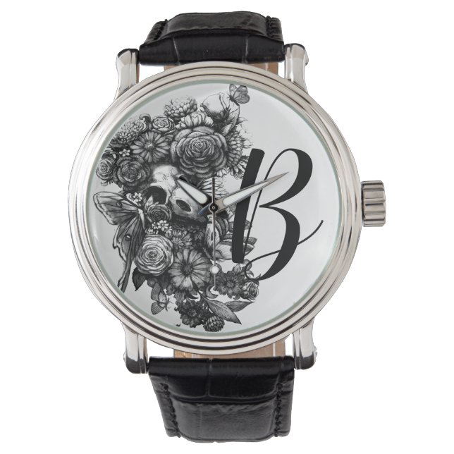 Montre Roses et papillons de nuit - Monogramme noir (devant)