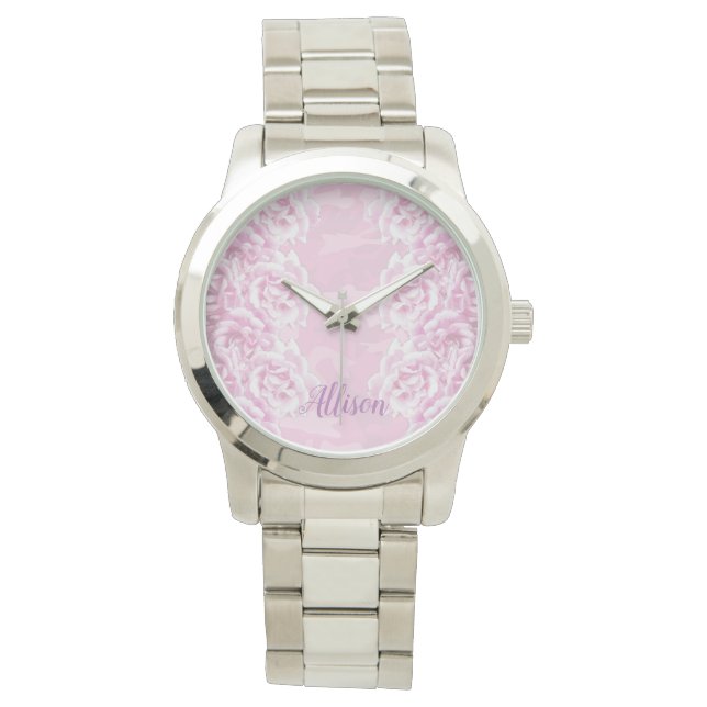 Montre Roses romantiques rose pâle sur camouflage rose (devant)