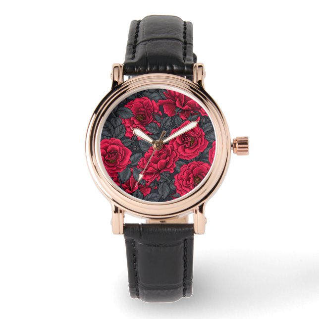 Montre Roses rouges avec feuilles gris sur noir (Recto)