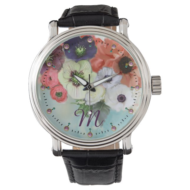 MONTRE ROSES ROUGES BLANCHES, FLEURS D'ANÉMONE BLEUE MONO (devant)