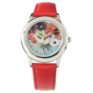 MONTRE ROSES ROUGES BLANCHES, FLEURS D'ANÉMONE BLEUE MONO