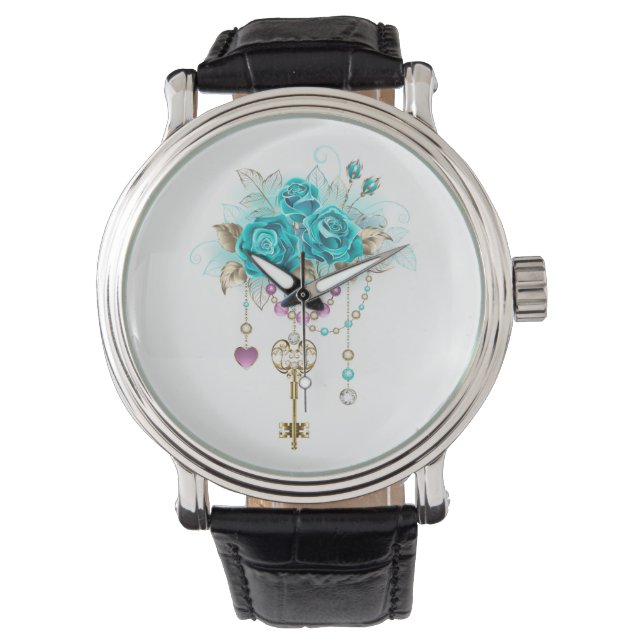 Montre Roses turquoise avec touches (devant)