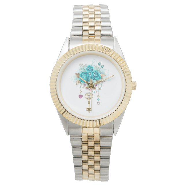 Montre Roses turquoise avec touches (devant)