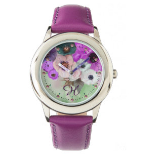 MONTRE ROSES VERTS BLANCS PURPLE, MONOGRAMME DES FLEURS D