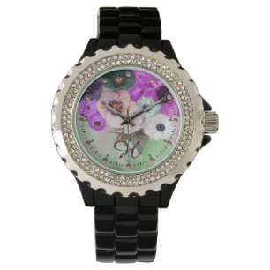 MONTRE ROSES VERTS BLANCS PURPLE, MONOGRAMME DES FLEURS D