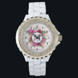 Montre Rosier rose et bouquet floral de crapaud<br><div class="desc">Une montre avec un monogramme initial avec un bouquet floral composé de roses rose clair et de pavots rose foncé avec beaucoup de feuilles verts luxuriants. Un cadre circulaire superposé pour placer votre lettre monogramme personnalisée à l'intérieur. L'arrière - plan est une douce motif rayée rose pastel. Clock face est...</div>