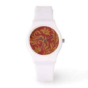 Montre Rouge et motif floral d'or