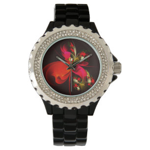Montre Rouge Vert Floral Moderne Art Abstrait Motif #02