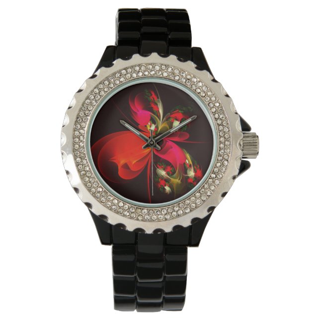 Montre Rouge Vert Floral Moderne Art Abstrait Motif #02 (devant)