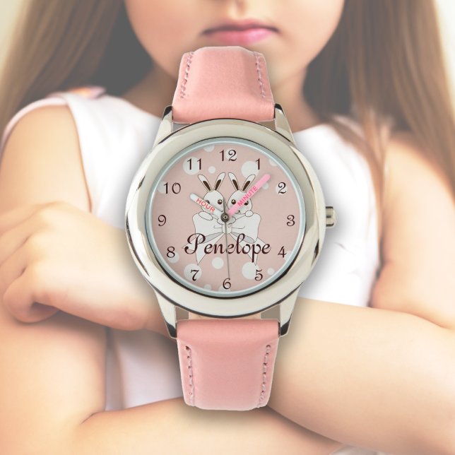 Montre Ruban rose blanc cassé et petits lapins jumeaux mi (Créateur téléchargé)