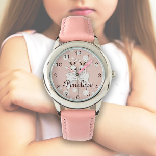 Montre Ruban rose et blanc cassé et jolis jumeaux lapins