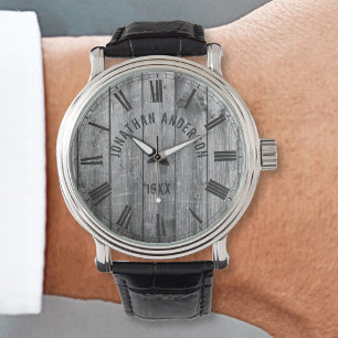 Montre Rustic Grey Wood Nom personnalisé Ferme